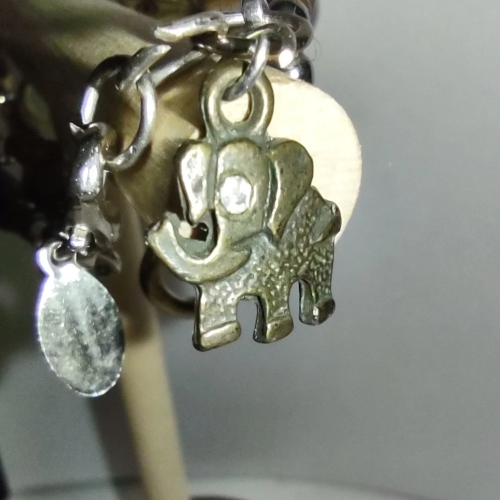 Tri-strand Black Beaded Wooden Beads Antique Gold Bracelet Elephant Charm